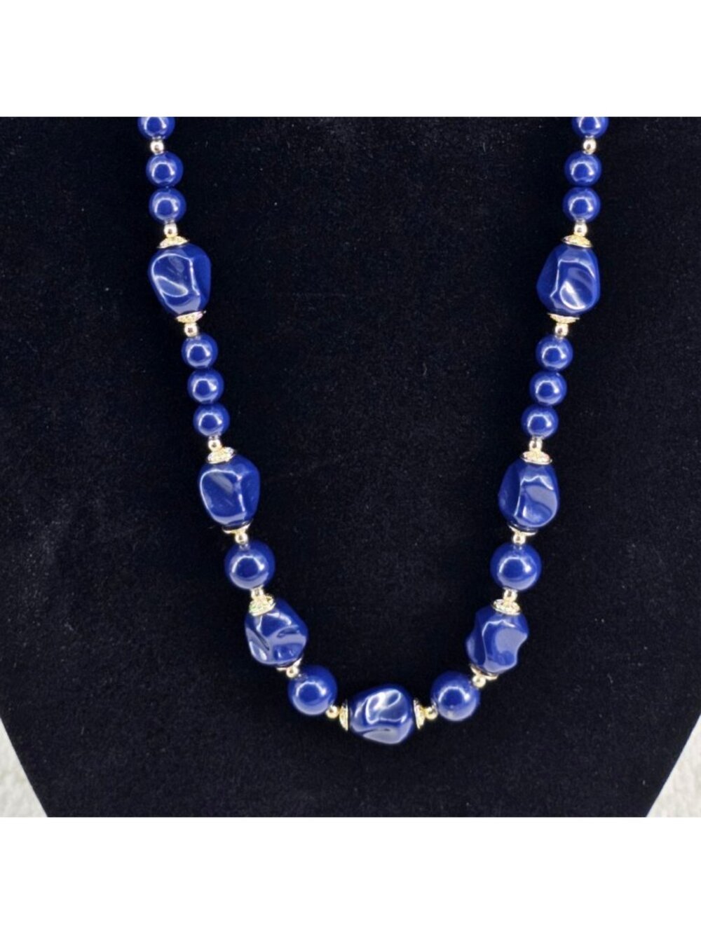 Navy Blue Beaded Statement Necklace Gold Tone Accents Long 31.5" Vintage